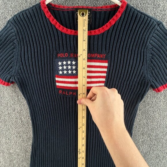 Ralph Lauren Polo Jeans Women Flag Sweater Large Short Sleeve Ribbed Red Blue - Picture 6 of 14